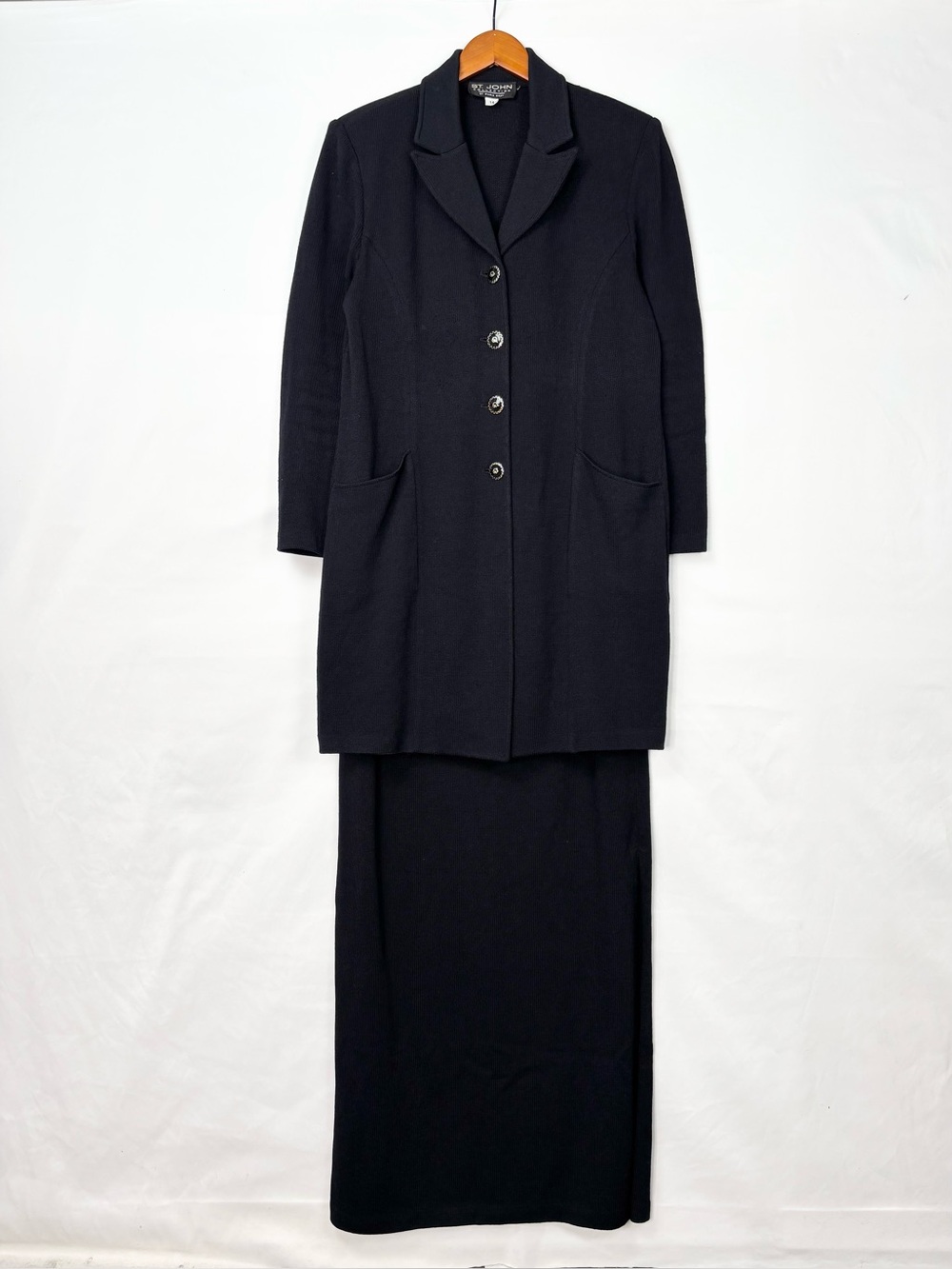 St John Set Jacket Maxi Skirt Black Santana Knit Size 12/14 Evening Blazer